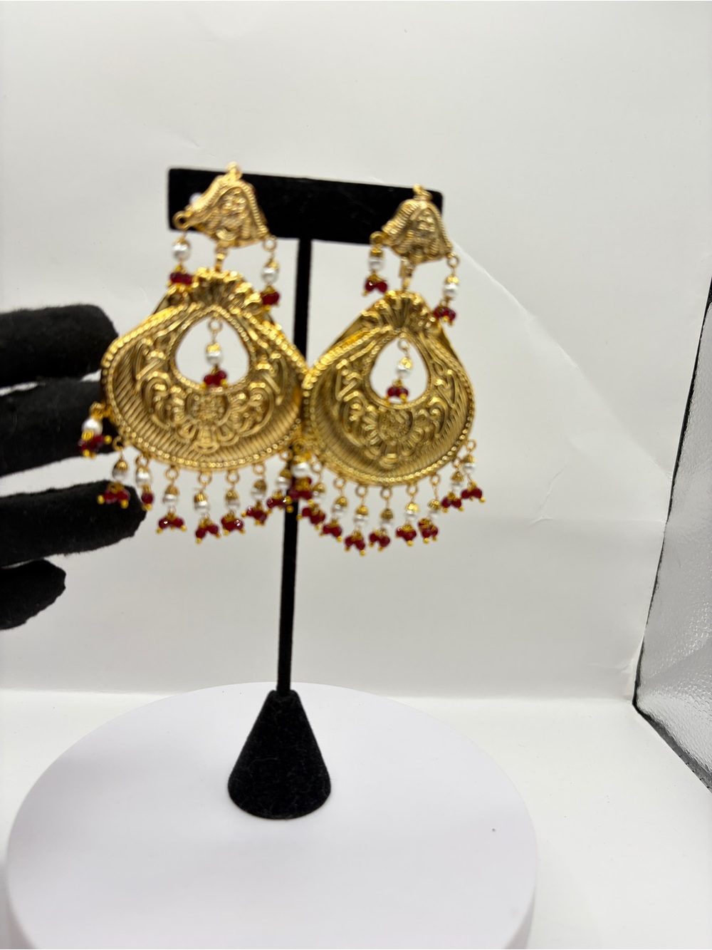 Gold-Tone Chandbali Earrings with Red Bead Accents